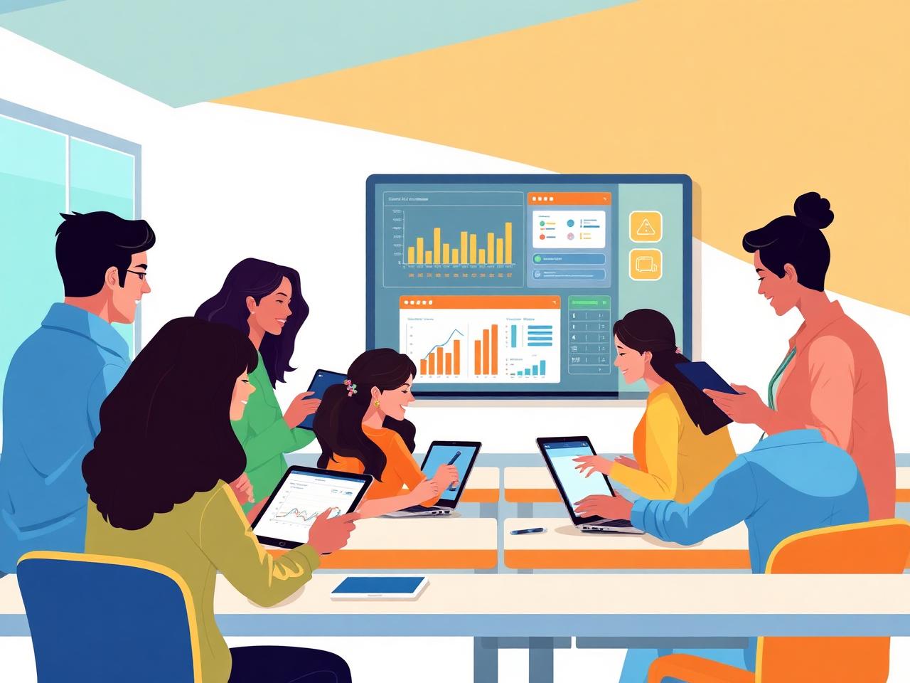 Estudiantes y docentes usando tecnología educativa en el aula